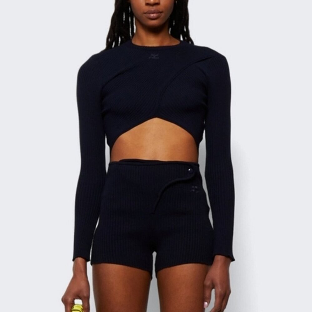 COURREGES Logo Rib Knit Criss Cross Long Sleeve Sweater Top Black 3 / Large